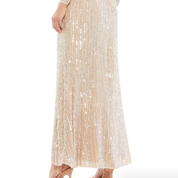 MAC DUGGAL 93629 SEQUINED HIGH NECK LONG SLEEVE TRUMPET ROSE GOLD GOWN sz 16 - Picture 7 of 9